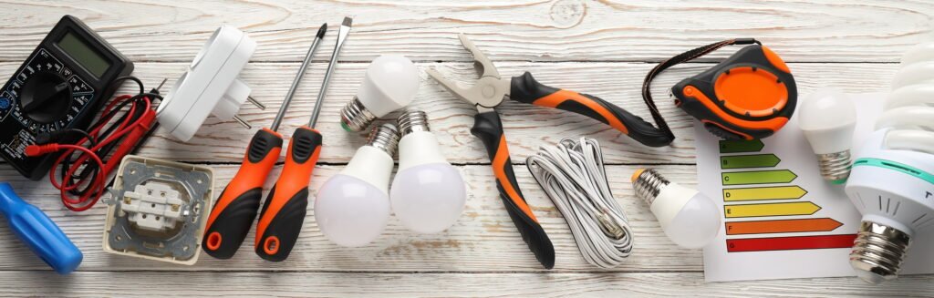 Concept of electrician or electrical tools, top view