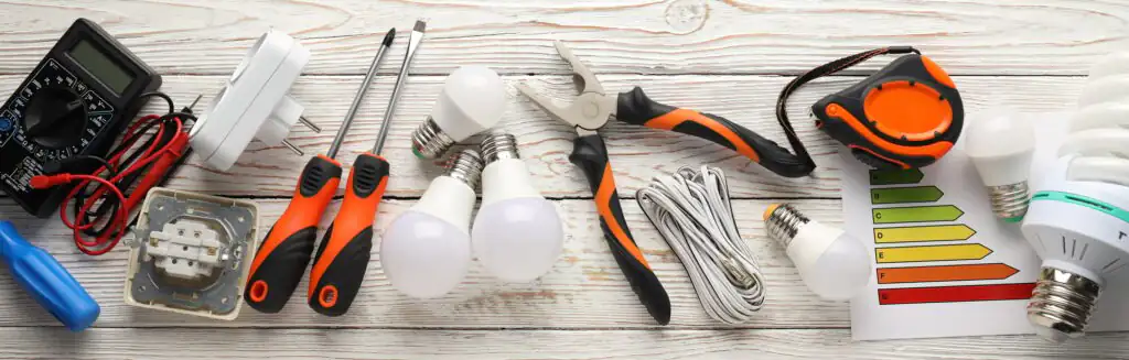 Concept of electrician or electrical tools, top view