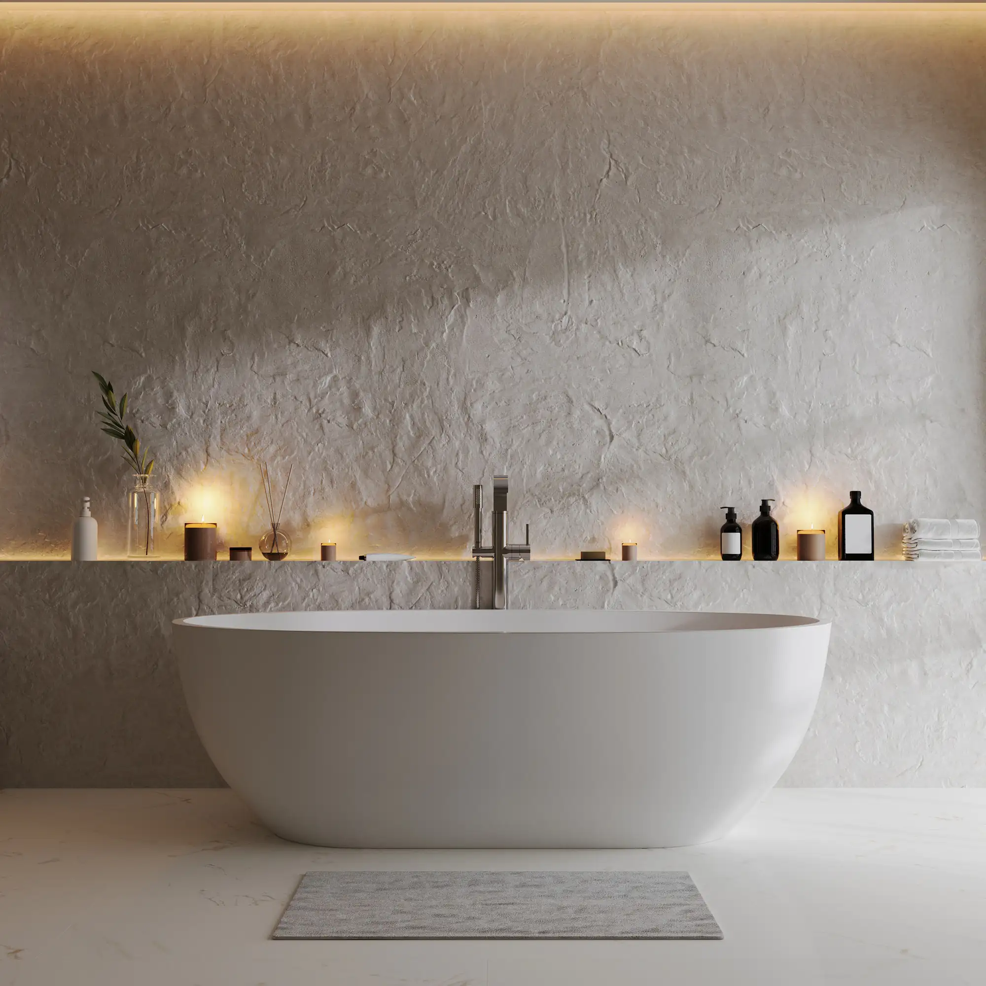 luxury bathroom interior with bathtub and decorative plaster wall, shelf with decoration